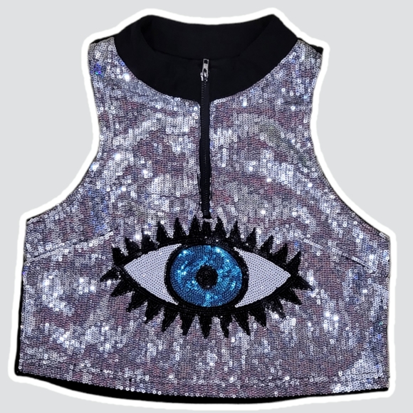 🖤 SOLD ON DEPOP 🖤 Sequin Eye Half Zip Small Cropped Tank Top - Picture 2 of 9